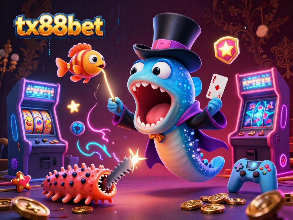 Engage with tx88bet's magical gaming scene featuring a deep-sea eel, anglerfish, and colorful casino elements.