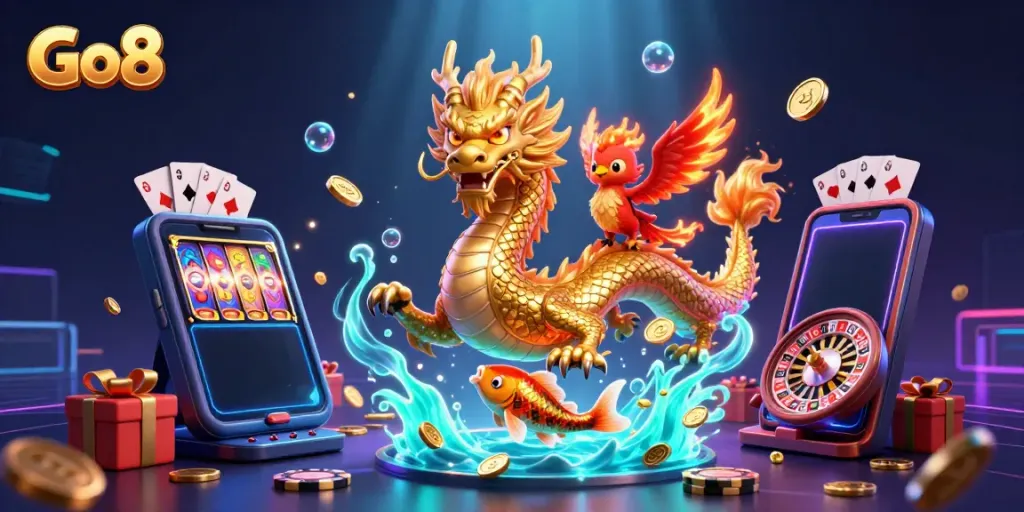 Experience thrilling gameplay with Go8, showcasing a golden dragon and phoenix amidst casino-themed excitement.
