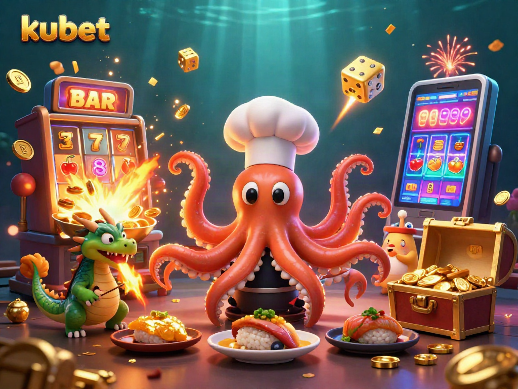 kubet players enjoying vibrant casino atmosphere with 3D octopus chef, dragon, and dynamic slots.