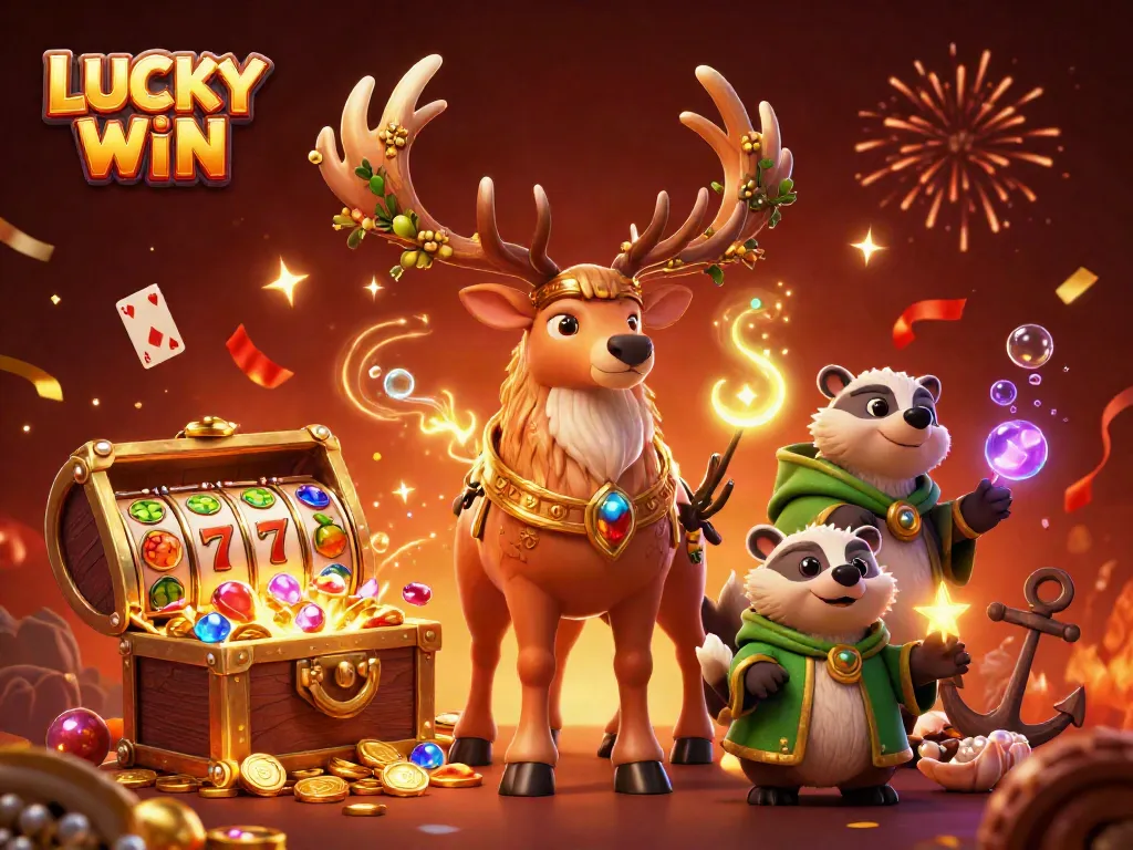 Experience the thrill of LUCKY WIN with an enchanting casino-themed illustration filled with vibrant characters and golden treasures.