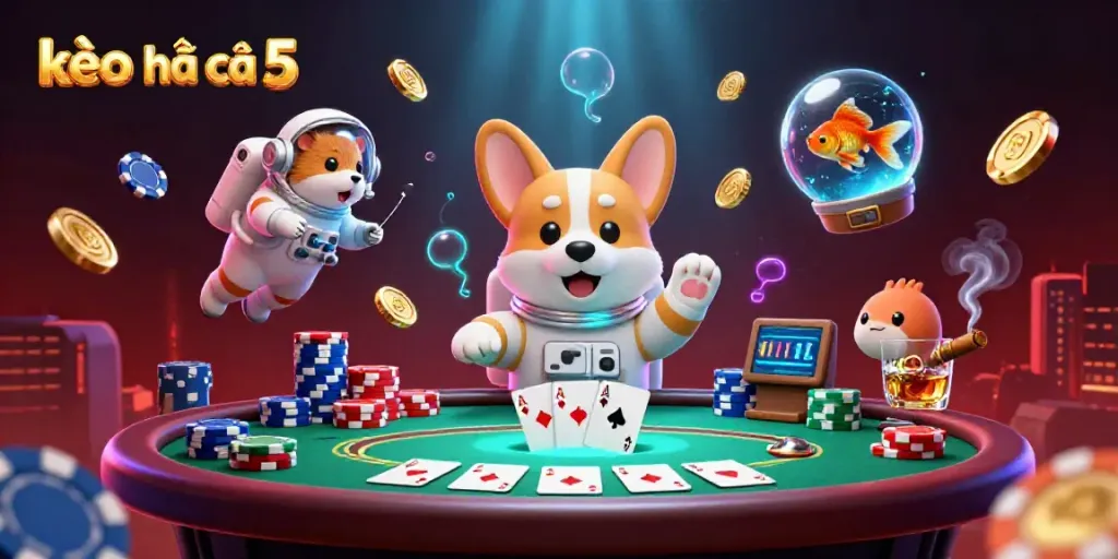 Experience kèo nhà cái 5 with a vibrant space casino scene featuring a corgi astronaut and floating poker elements.