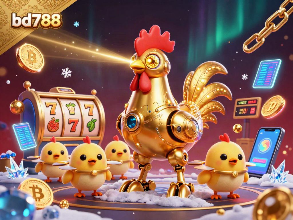 Engage with bd788's thrilling slot action featuring a golden rooster and baby chick drones amidst jackpot excitement.