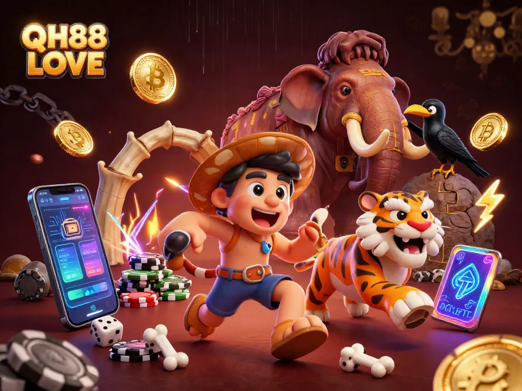 Bet on exciting games at QH88 LOVE casino with playful caveman and saber-tooth duo.