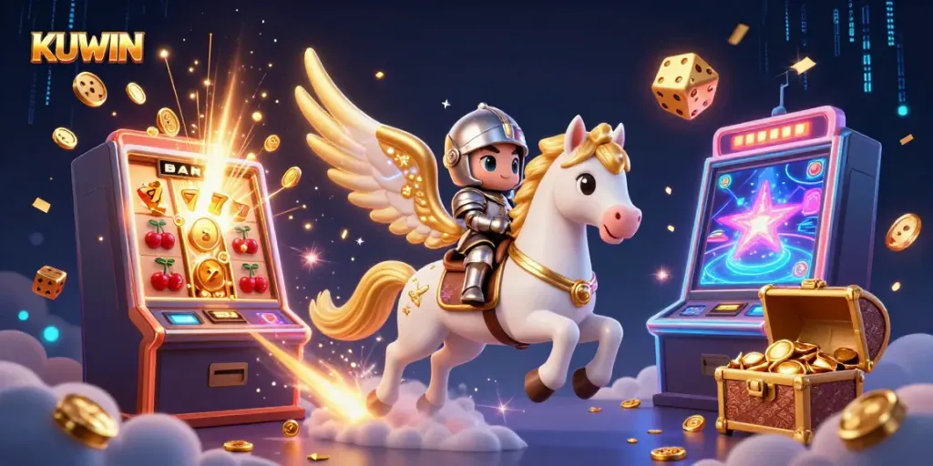 KUWIN presents an exciting scene with a galloping celestial horse amidst casino elements like slot machines and gold coins.