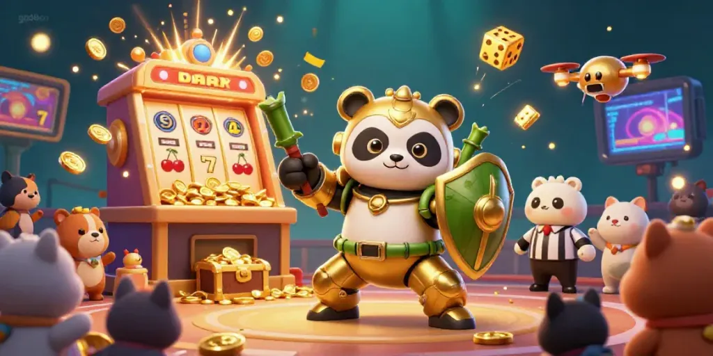 Experience thrilling action with gg88co as panda pilots a robot in a vibrant casino arena.