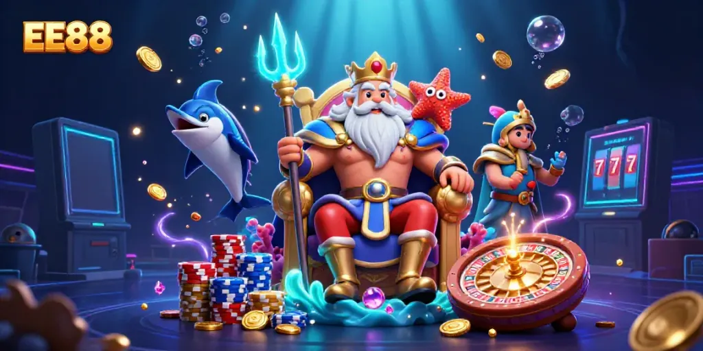 EE88 brings luck with a vivid casino scene featuring Neptune and treasure.