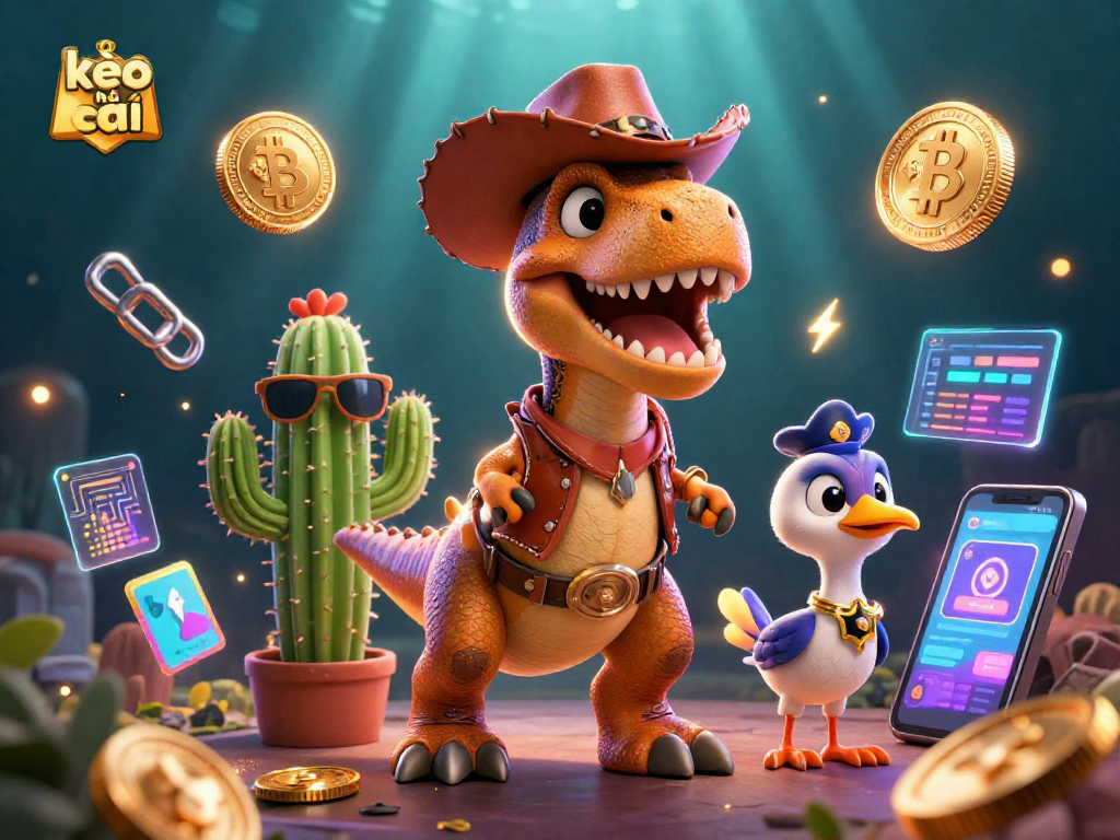 Engage with kèo nhà cái through an exciting scene featuring a cowboy dinosaur and crypto elements.