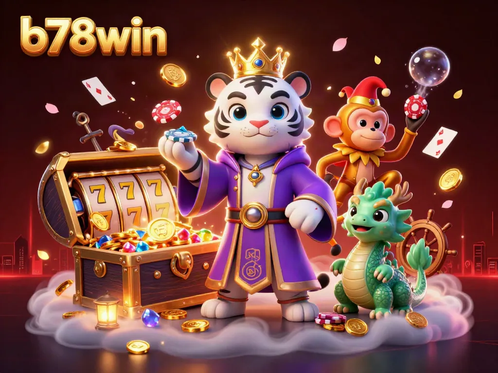 Play slots and win at b78win with a lively casino scene featuring a tiger and monkey.
