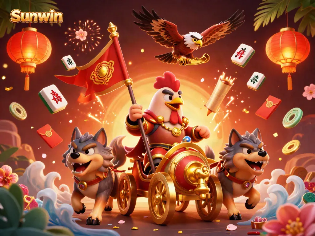 Engage with the thrilling world of Sunwin as the rooster warlord leads in a vibrant casino scene.