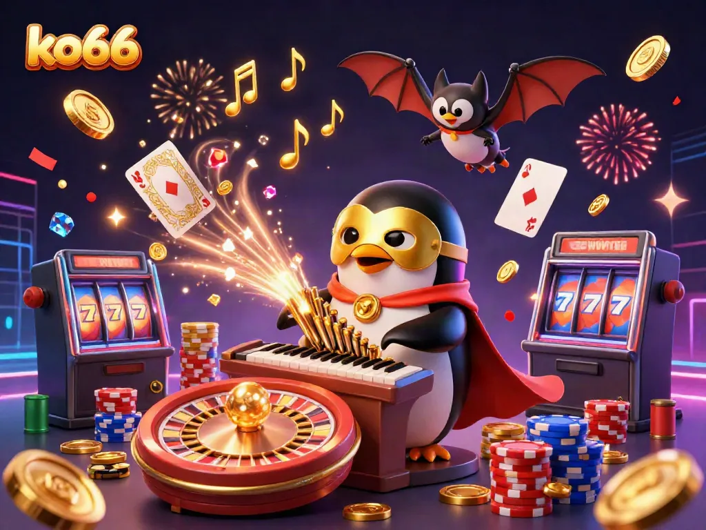 ko66 invites you to experience dynamic gaming excitement with a charming casino-themed illustration.