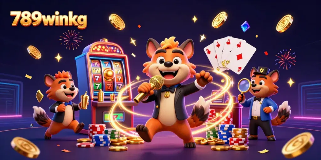 Engage in thrilling casino fun at 789winkg with hyena comedians, slot games, and vibrant atmosphere.