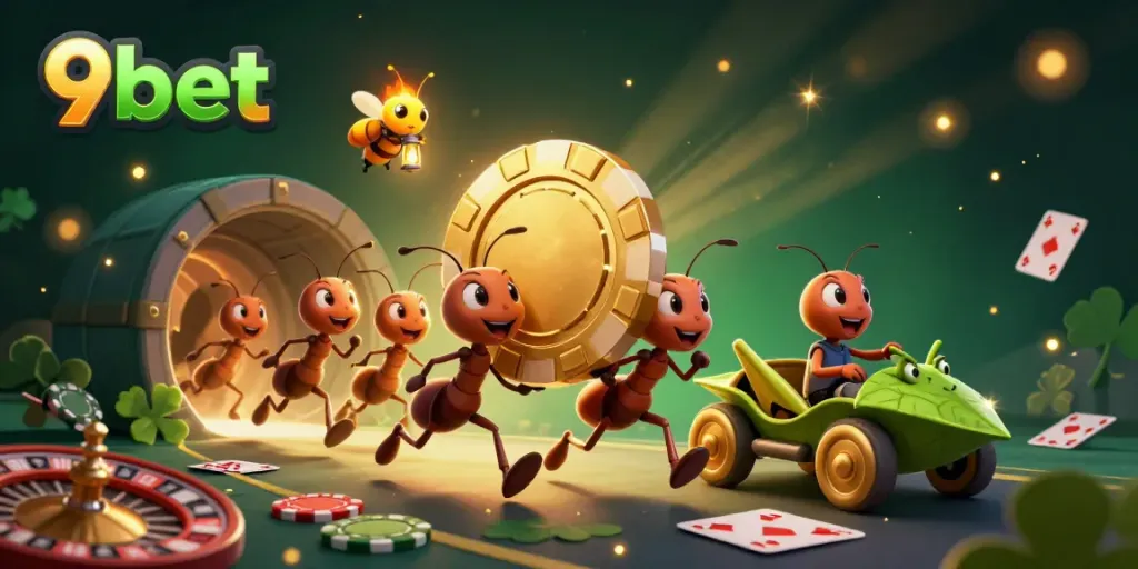 Experience thrilling heists with 9bet featuring ants carrying giant poker chips in an exciting casino scene.