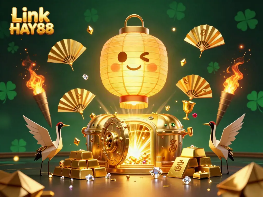 Experience the thrill of Link HAY88 with a vibrant casino scene, featuring a golden lantern spirit surrounded by treasures.