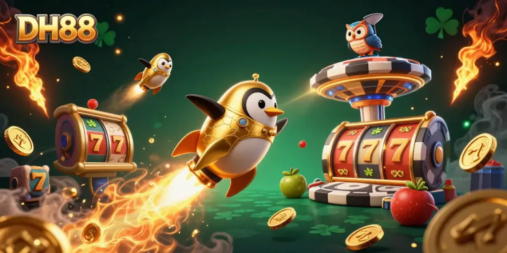 Join the action with DH88 as a golden penguin ventures through a casino galaxy, scattering coins.
