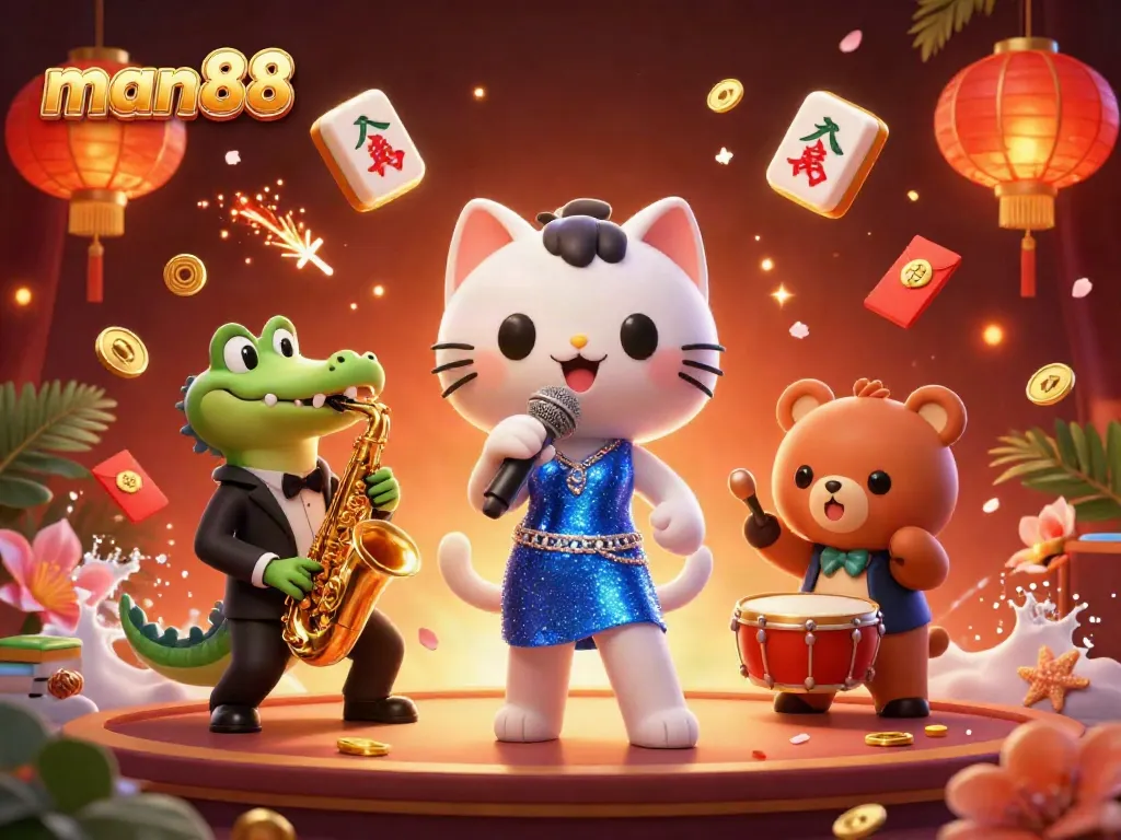 Experience excitement at man88 with a vibrant jazz show featuring colorful casino elements.