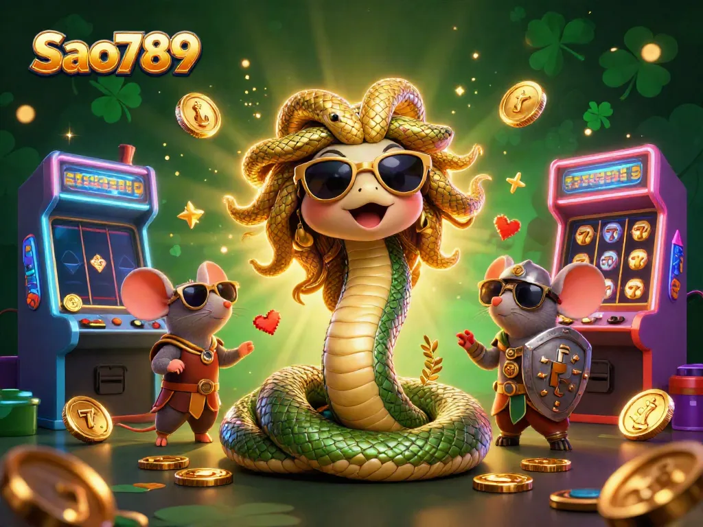 Engage with Sao789 through a colorful 3D casino-themed illustration of Medusa and a warrior mouse.