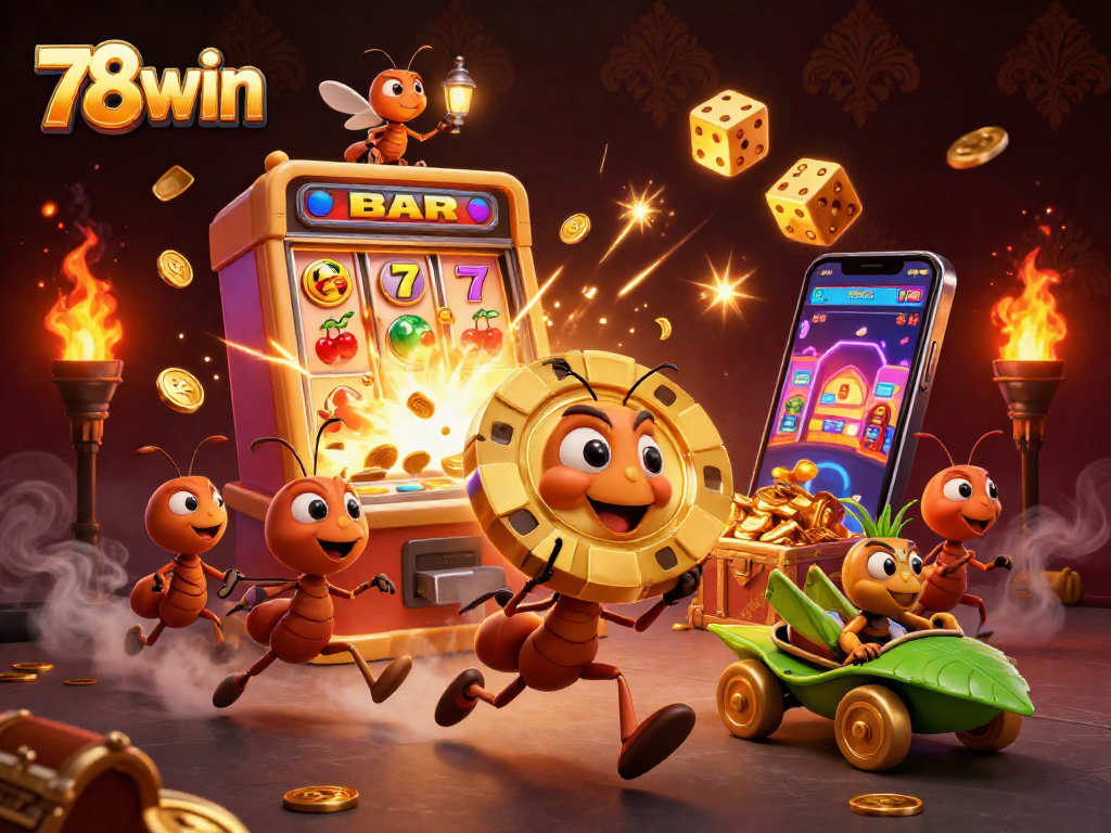 Engage with 78win's animated casino adventure featuring ants in a heist scene surrounded by jackpots, lights, and vibrant game elements.