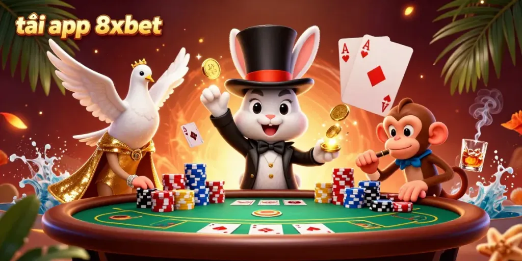 Engage in thrilling action with tải app 8xbet featuring a magical rabbit, a dove, and playful monkey amidst poker elements.