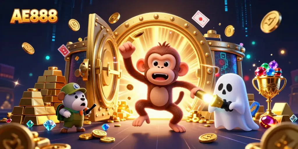 Experience the enchanting world of AE888 with a playful poltergeist monkey juggling golden treasures in a haunted casino.