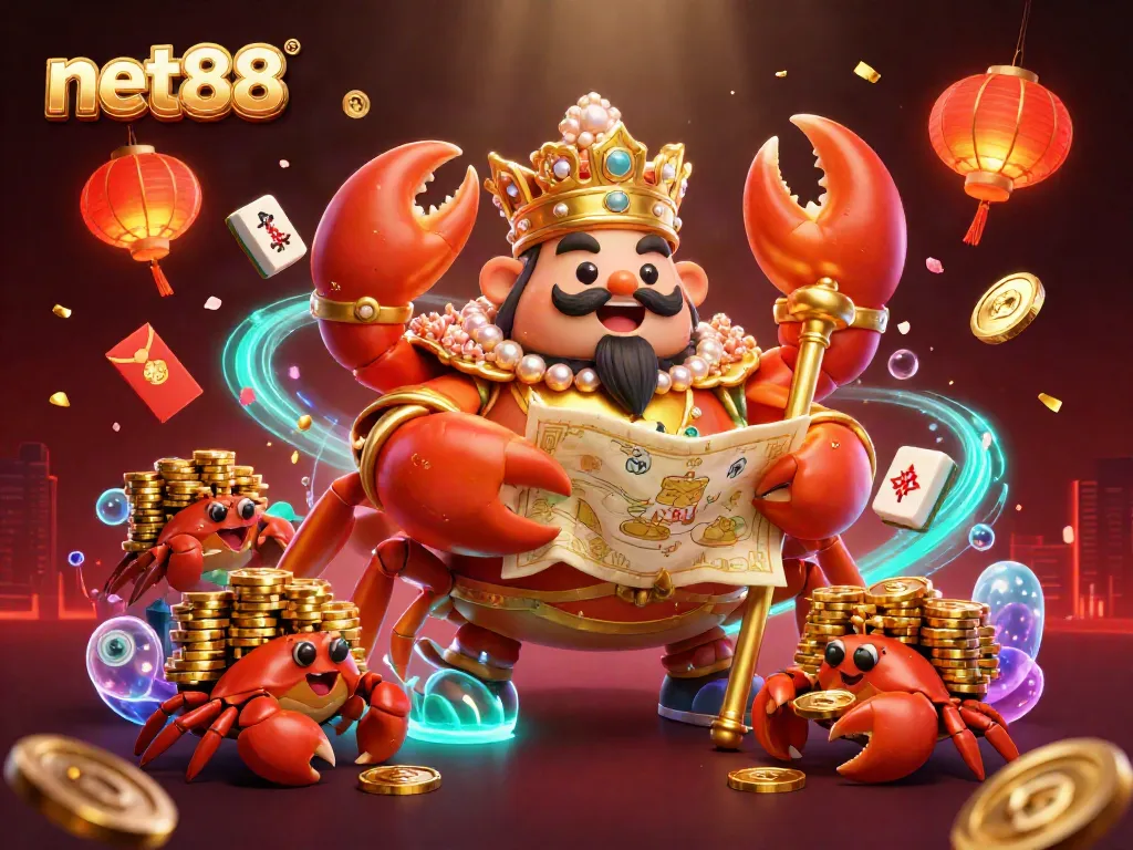 Experience the thrill of net88 with a majestic crab emperor in a vibrant casino scene featuring floating mahjong tiles.
