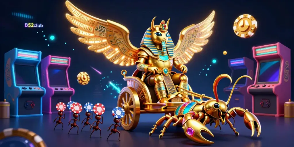 Engage with B52club's vibrant gaming experience featuring golden scarab and scorpion chariot in an arcade.