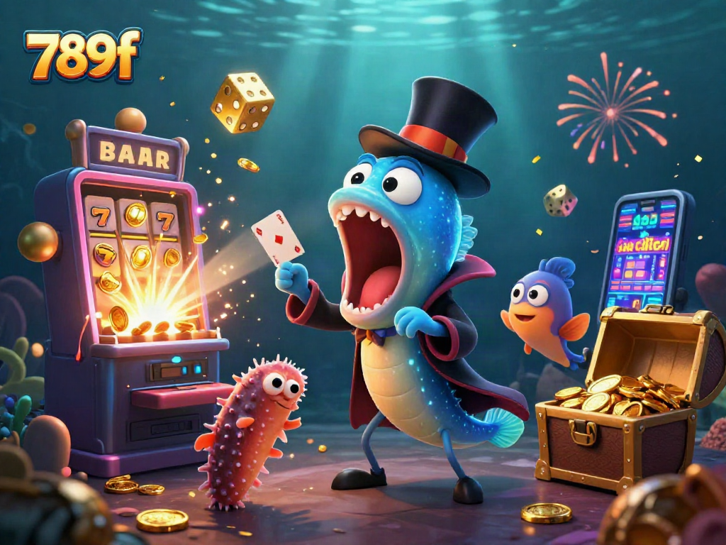 Engage with 789f's thrilling casino experience featuring vibrant characters performing magic tricks amidst a jackpot explosion.