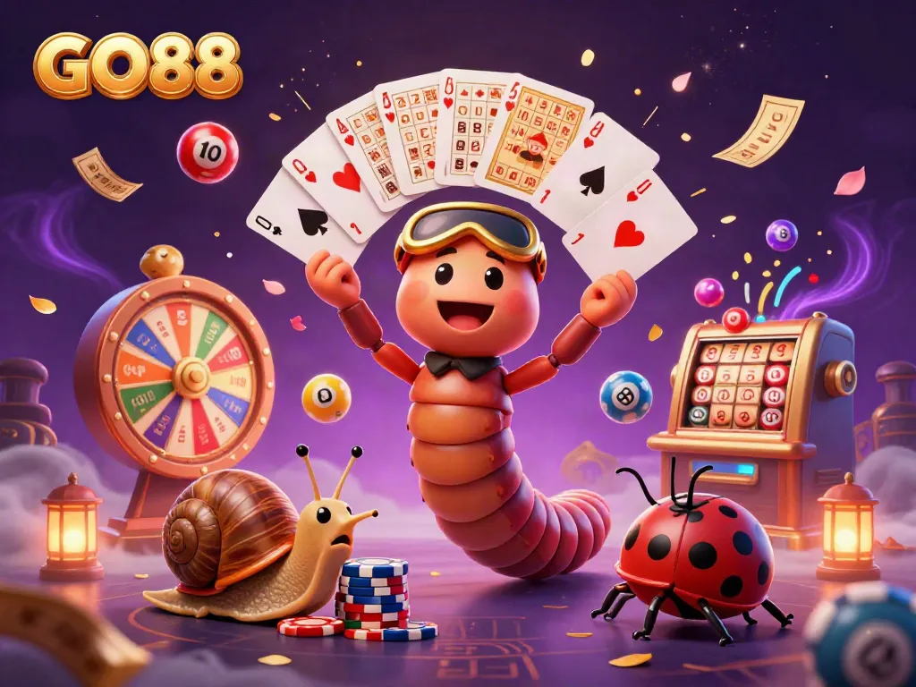 Engage with GO88's animated casino scene featuring a unique millipede dealer and colorful game elements.