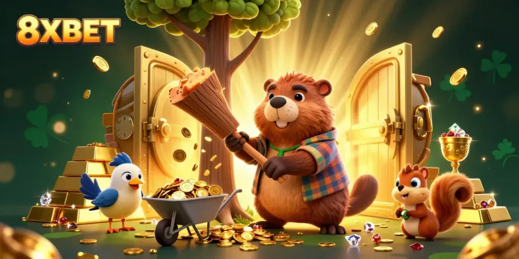 Experience excitement with 8XBET as cartoon characters stack coins and treasures in a vibrant casino scene.