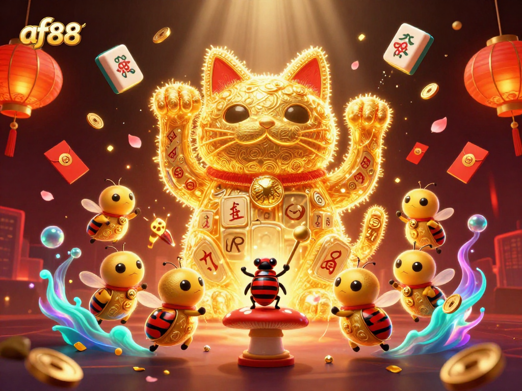 Experience the excitement at af88 as a golden lucky cat waves amidst vibrant slot symbols.