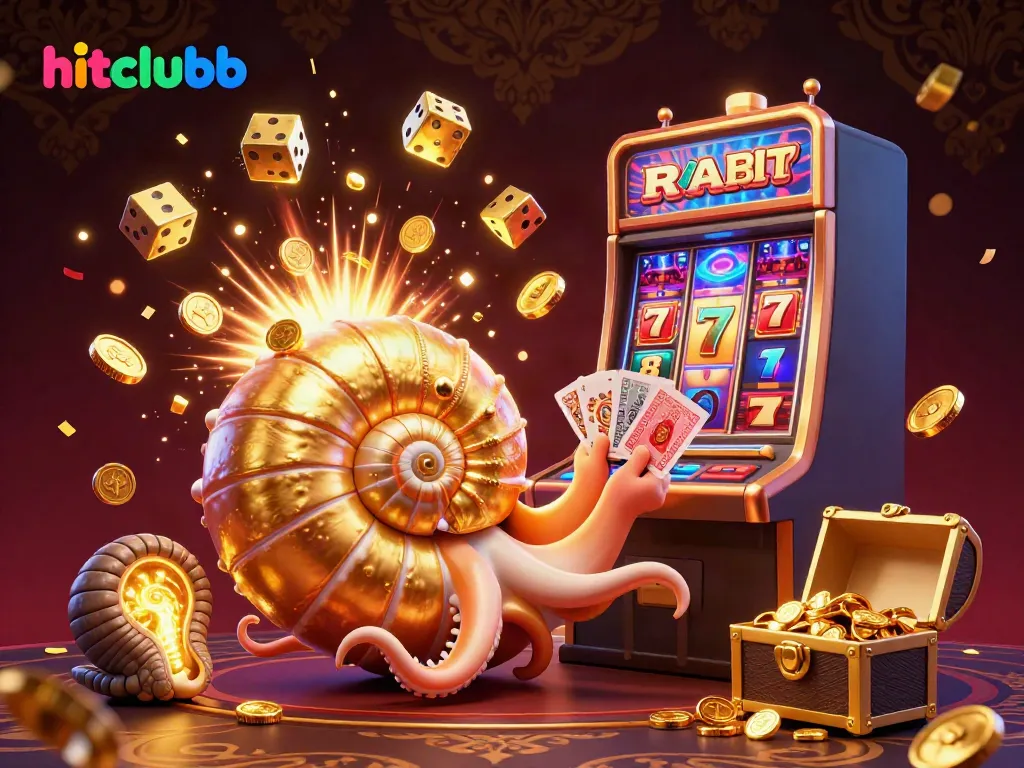 Experience hitclubb's vibrant casino excitement with 3D nautilus, slot machine explosion, and golden prizes.