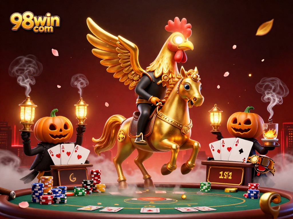 Engage in thrilling gameplay at 98win com with a cartoon rooster and poker action in a mystical casino.