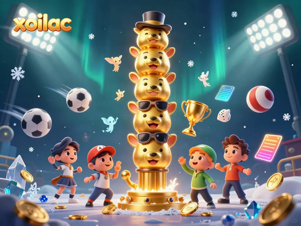 Engage with xoilac's vibrant gaming universe featuring cartoon totem and dynamic sports elements.