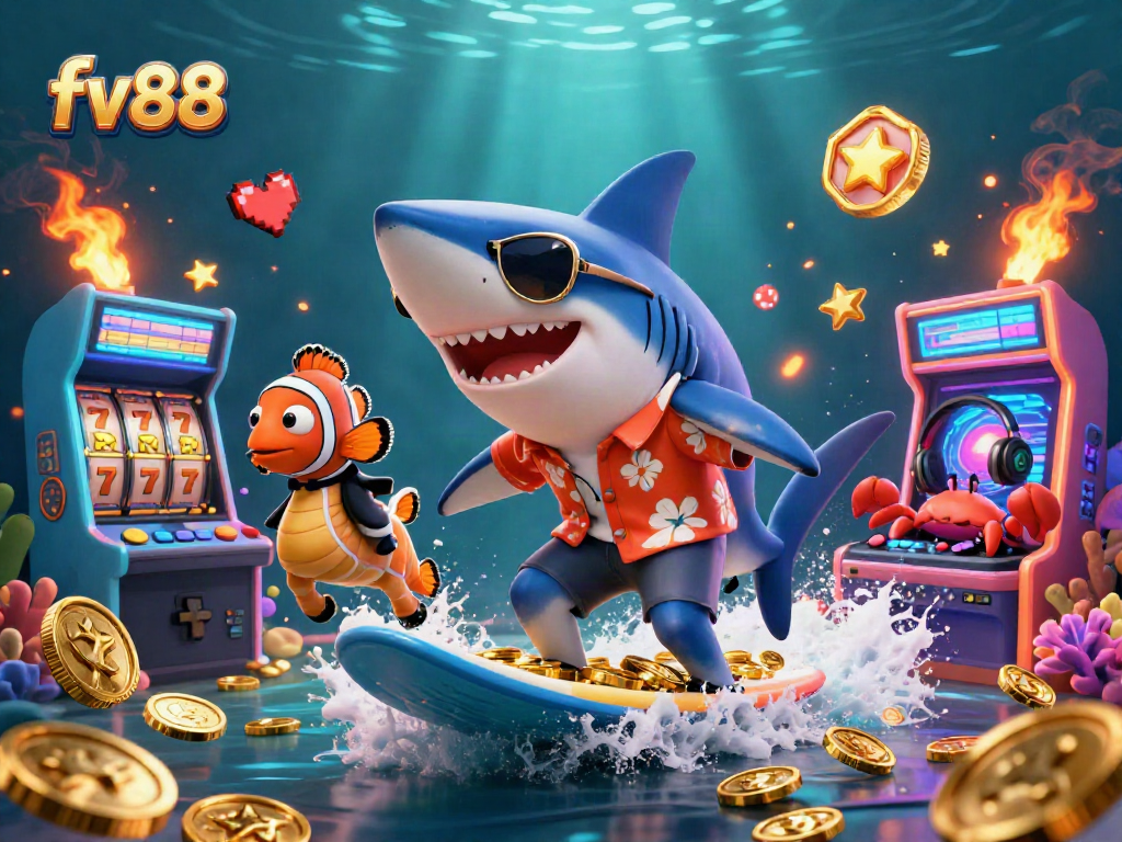 Experience thrilling gambling at fv88 with a shark surfing gold coins and casino elements in vibrant 3D