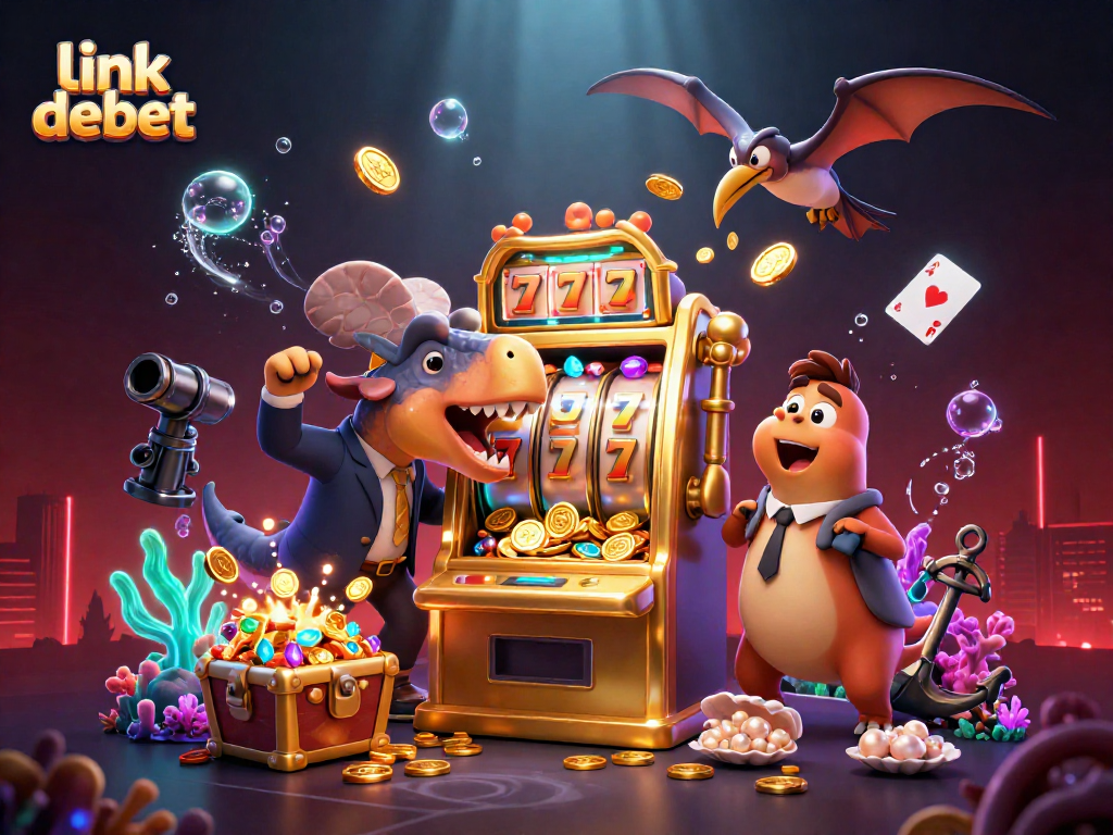 Link debet showcases a vibrant 3D scene of animated dinosaurs celebrating a jackpot at a casino.