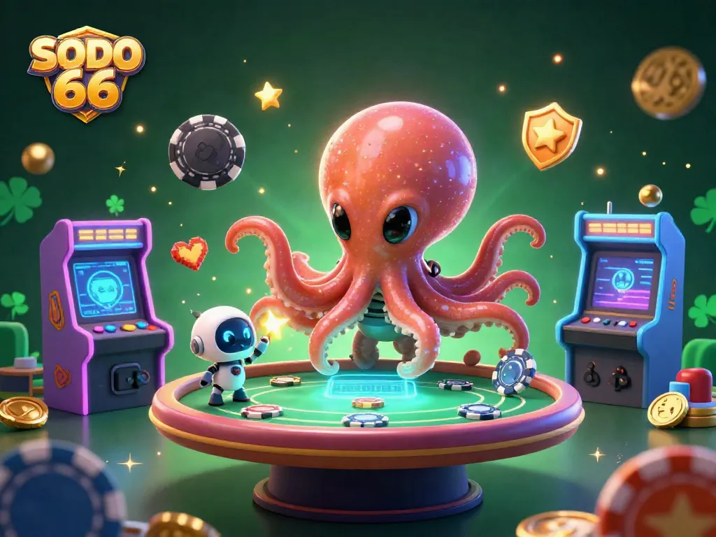 Engage with SODO 66 as a playful alien octopus operates a poker table in a lively casino universe.