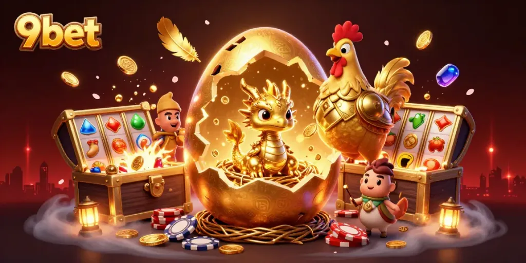 Engage in the thrilling world of 9bet with a vivid illustration of a golden dragon amidst slot game symbols.