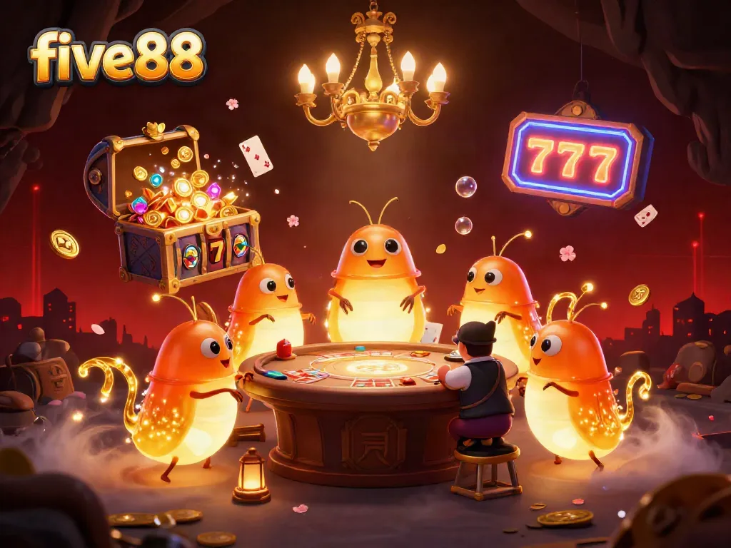 Experience the excitement of five88 as glowworms light up a vibrant casino scene filled with gold and games.