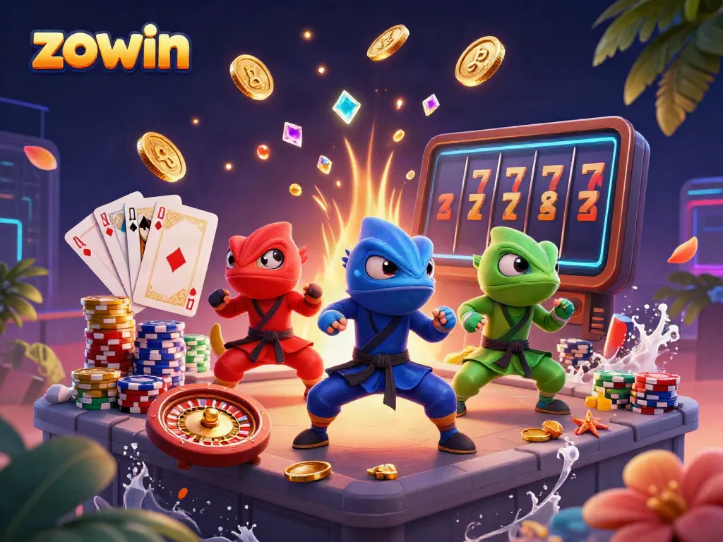 Generate thrilling moments at Zowin's casino with vibrant chameleons showcasing impressive martial arts.
