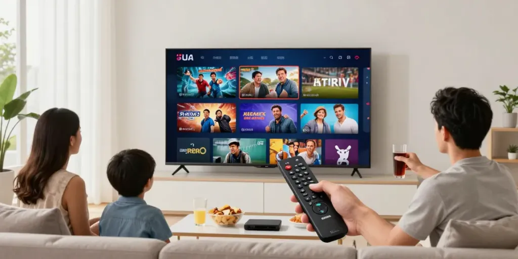 Family enjoying IPTV USA streaming in a cozy living room.