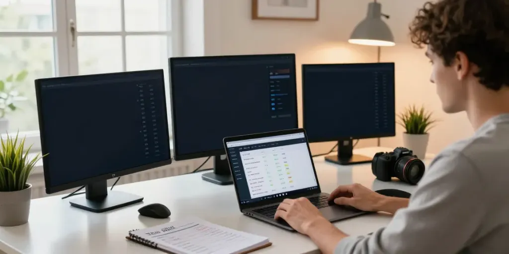 Engaging home office setup with ZBET sports betting interface and multiple screens.