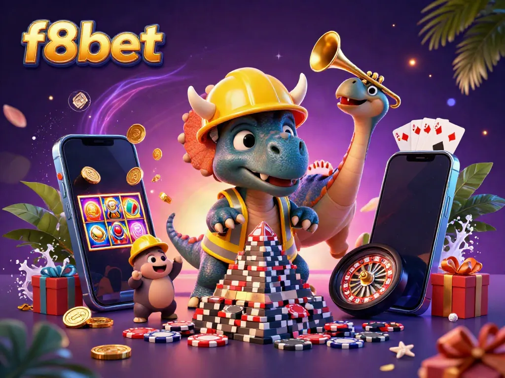Experience f8bet excitement with a lively 3D illustration of a triceratops celebrating wins in a vibrant casino scene.