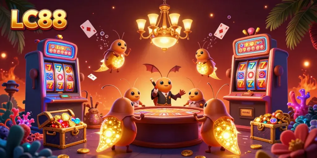 Engage in thrilling gaming action at LC88 with vibrant glowworm illumination in a packed casino scene.