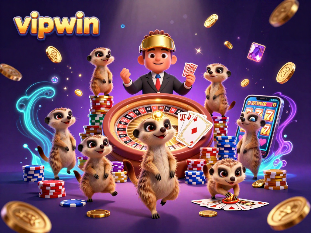 Experience the excitement at vipwin's casino with dynamic meerkats amidst golden coins and rich animations.