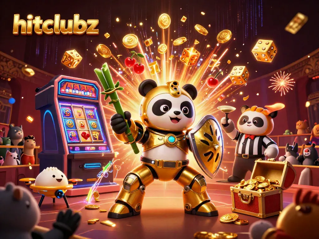 Experience big wins at hitclubz with vibrant 3D casino graphics featuring a golden panda mech-suit and exciting jackpots.