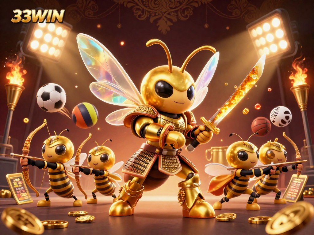 33WIN showcases a vibrant online betting experience with a golden hornet samurai battling for prizes.