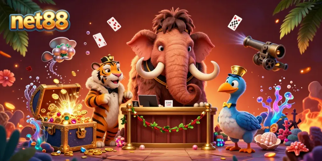 Experience exciting gaming adventures at net88 with a vibrant 3D illustration showcasing an engaging casino scene.