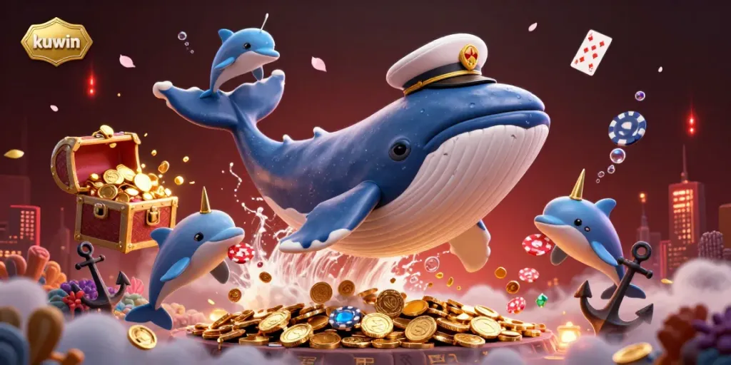 Kuwin’s vibrant online casino scene features a whimsical whale and playful dolphins in a treasure-filled underwater world.