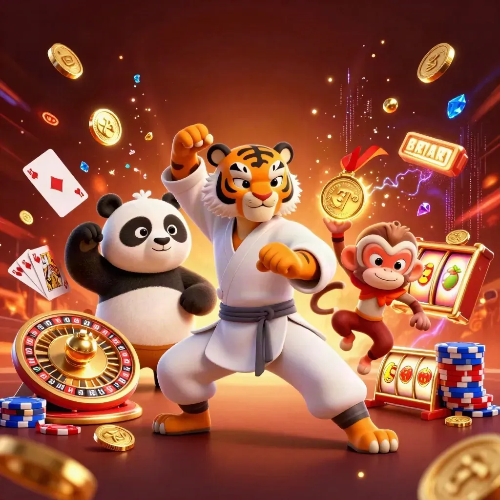 Kung-fu tiger, panda, and monkey amid casino treasures and spinning reels in a dark gold-lit splash scene