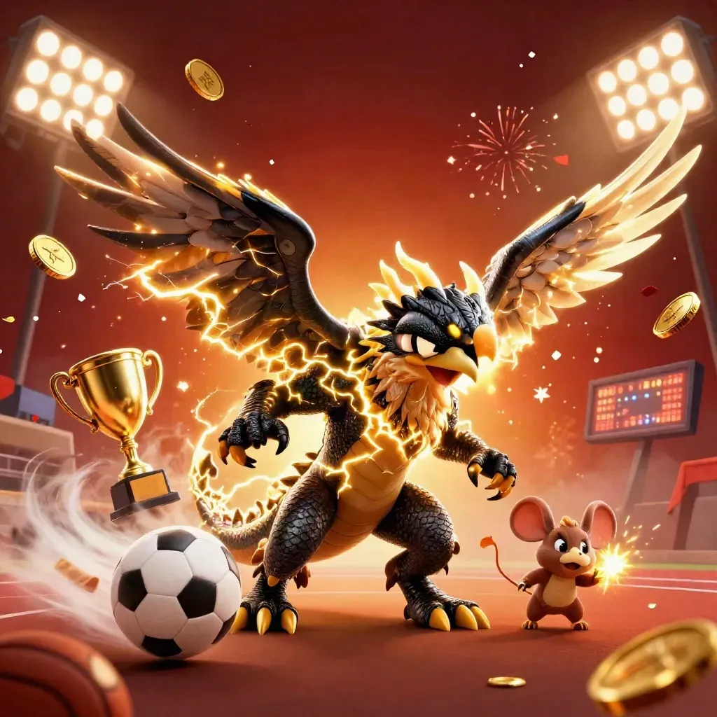 Thunder dragon, wind hawk and static mouse amid flying sports balls, gold confetti and floodlights.