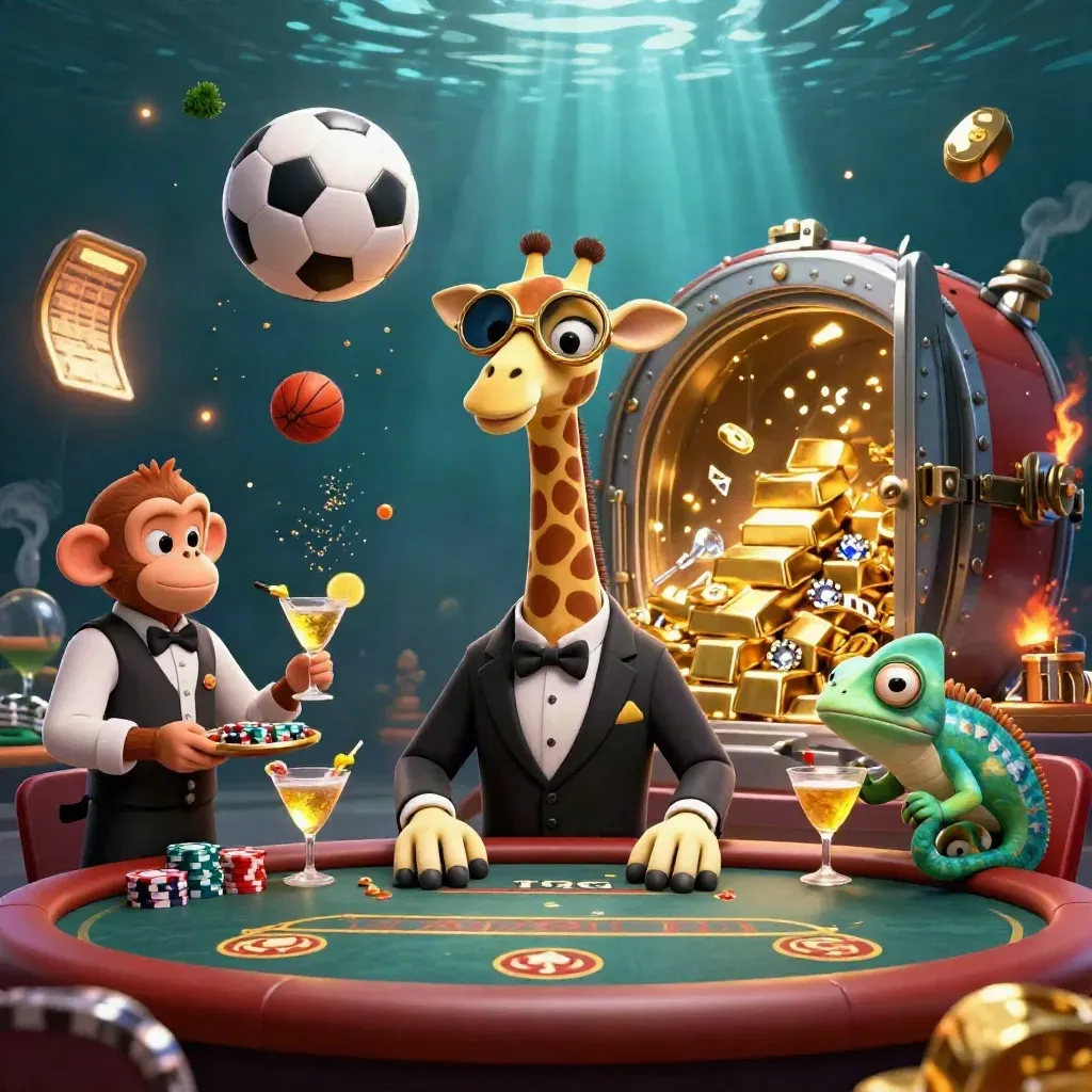 Luxury casino mascots amid flying sports balls, gold vault light, and neon casino glow.